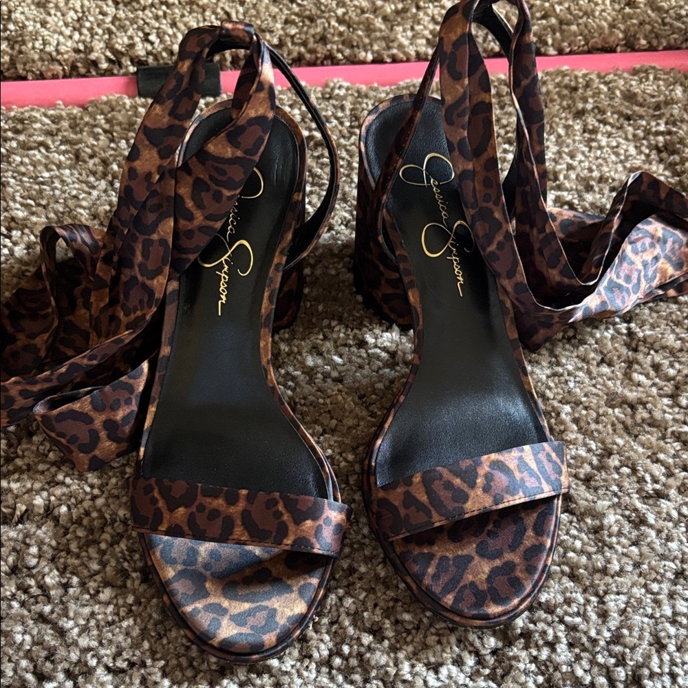Jessica Simpson Brown Leopard Print Ankle Tie Heels